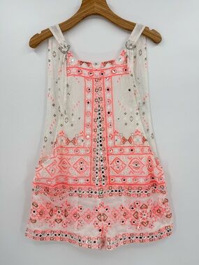 Juliet Dunn Mosaic Print with Mirror Embro Romper Cover Up White Coral Gold